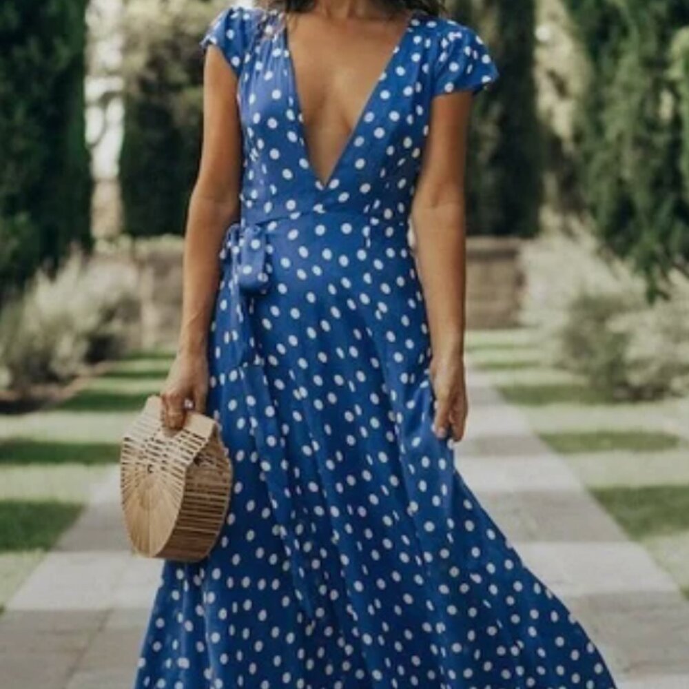 Tularosa Dress Maxi Sid Wrap Polka Dot Blue White Deep V Neck Long XS